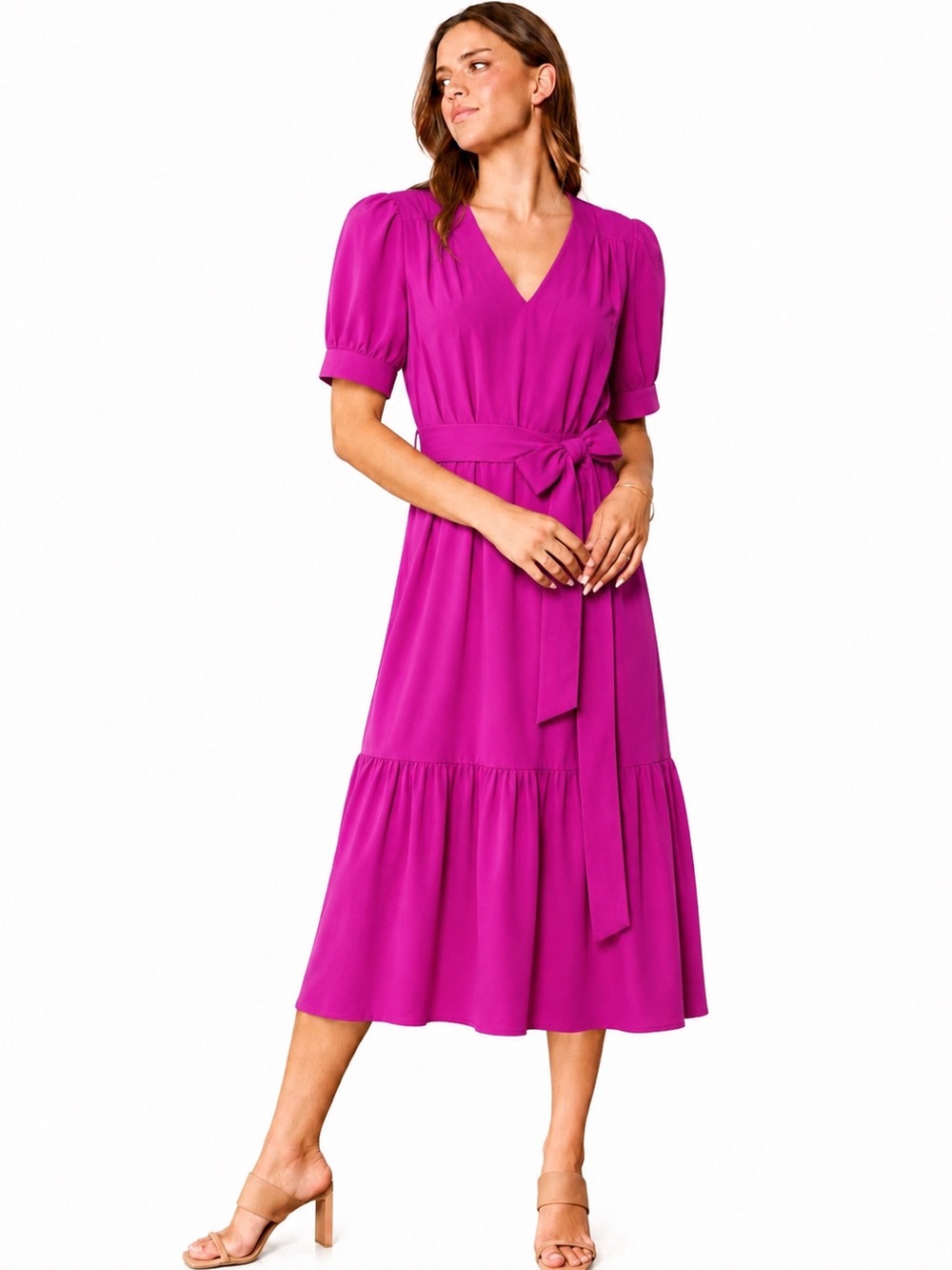 DKNY Fuchsia Tie Waist Midi Dress Size 2 | Barbiecore Wedding Guest Dress